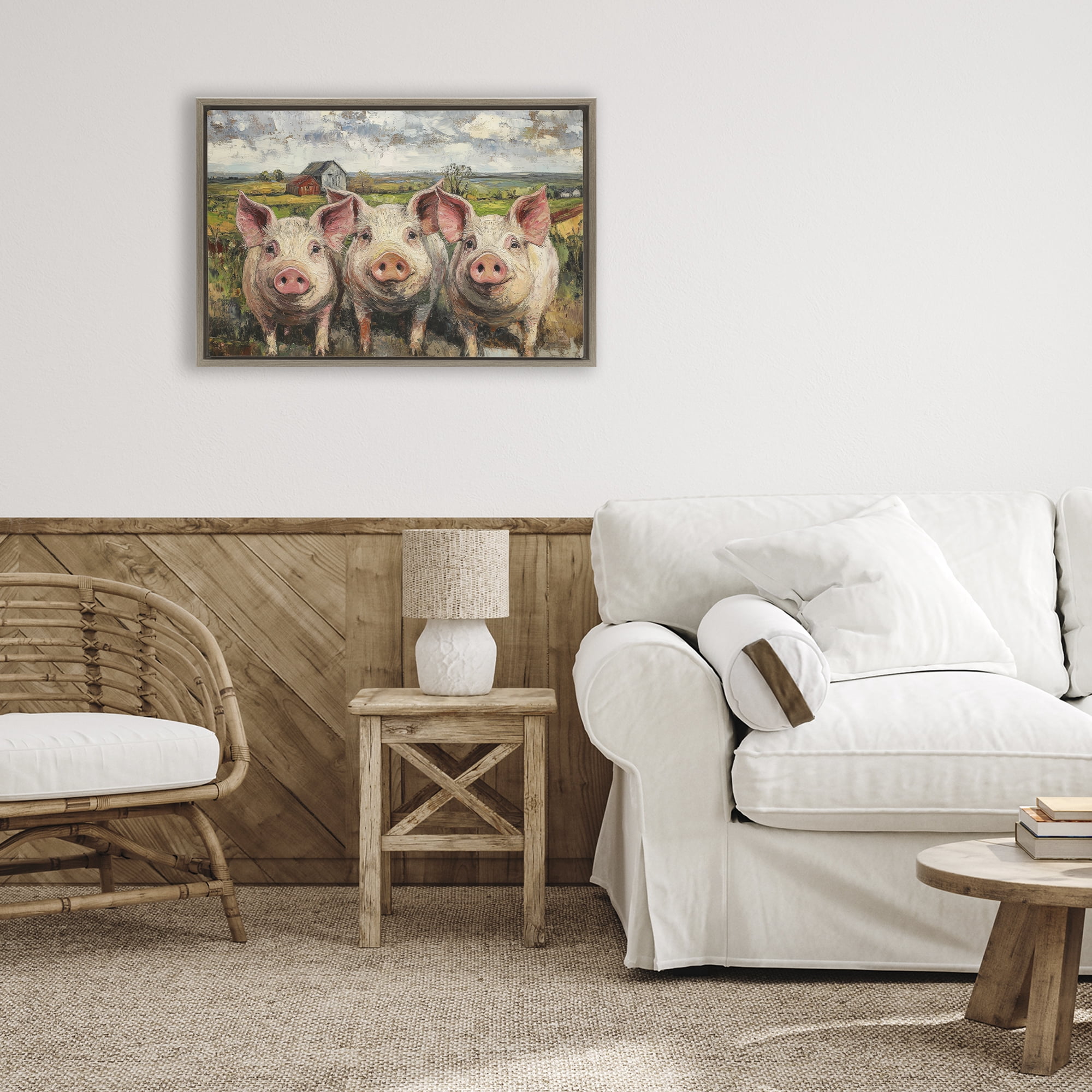 Stupell Industries Classic Barnyard Pigs in Countryside Brown Framed Floater Canvas Wall Art, design by Petal Prints Design