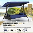 thumbnail image 5 of SOLAURA 3 Seat Outdoor Patio Swing with Adjustable Canopy, Porch Glider Swing with Thickened Cushions Pillows and Cup Holders for Adults, Converting Swing bed for Yard Garden Balcony(Blue), 5 of 8