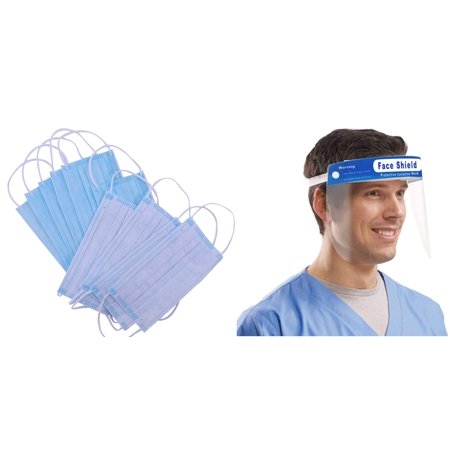 MOPAT Industries 25 Face Shields + 100 Disposable 3-Ply Face Masks Combo