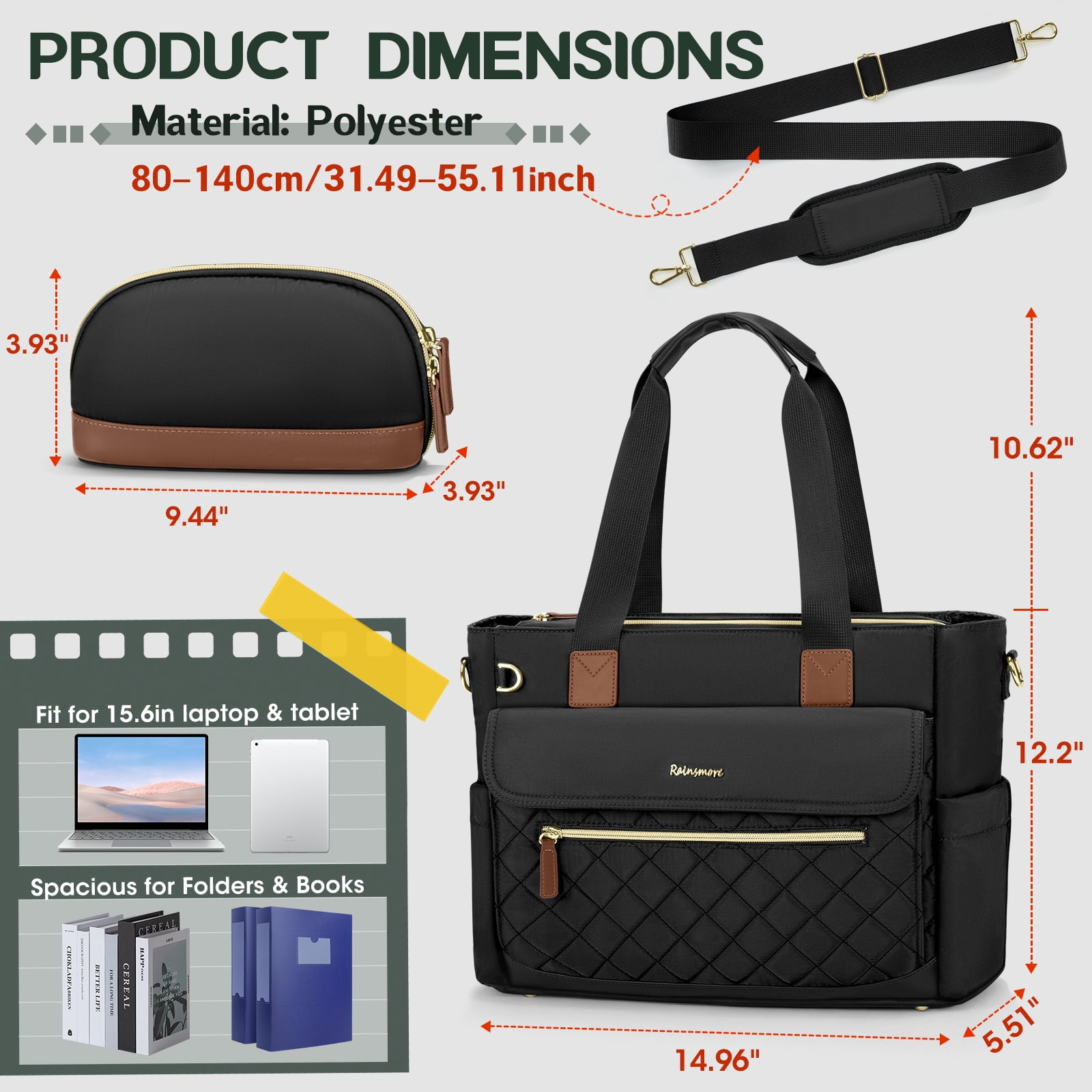 RAINSMORE Teacher Tote Bag 15.6 inch Laptop Bag for Women with Small Bag Professional Work Tote Bags Nurse Bag Computer Briefcase,Black