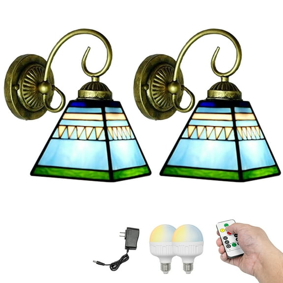 Kiven Battery Operated Wall Sconces, Tiffany Style Wall Lights with Rechargeable LED bulb and Glass Shade, Dimmable Wall Lighting Fixtures for Painting Bedroom Hallway（Set of 2）