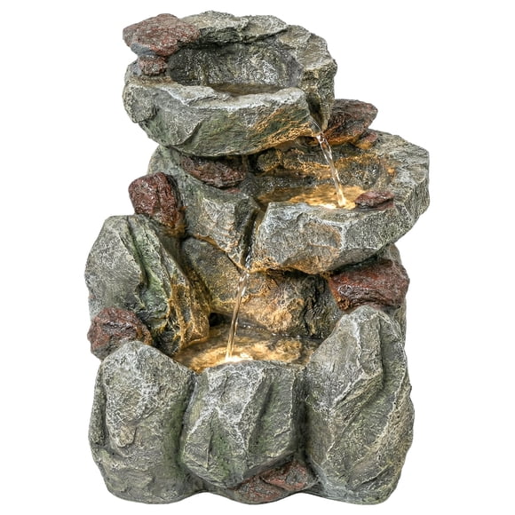 3-Tier Outdoor Water Fountain with LED Lights, Rustic Rock Design Resin Garden Decor, Adjustable Flow Cascading Waterfall for Patio, Backyard, Garden, 15"L x 12.2"W x 19.7"H