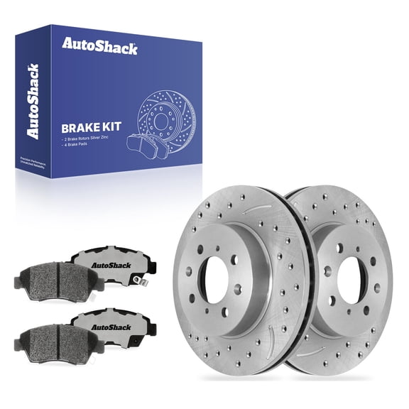 AutoShack Front Vented Drilled & Slotted Silver Zinc Coated Brake Rotors   Ceramic Pads 6-PC Brake Kit Replacement for 2009-2014 Honda Fit SilverShield Pro 10.3" (261.5 mm)