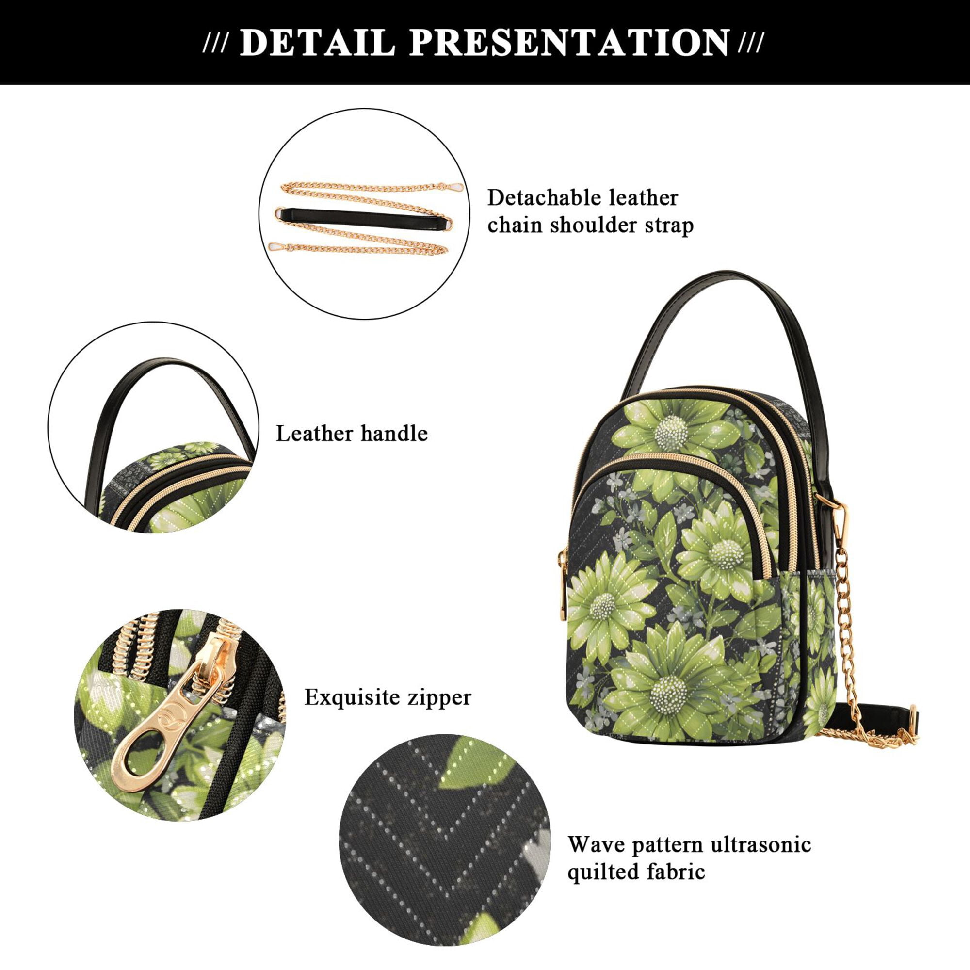FORMRS Crossbody Bag for Women Quilted Travel Shoulder Cell Phone Purse with Chain Strap Handbag, Green Flowers