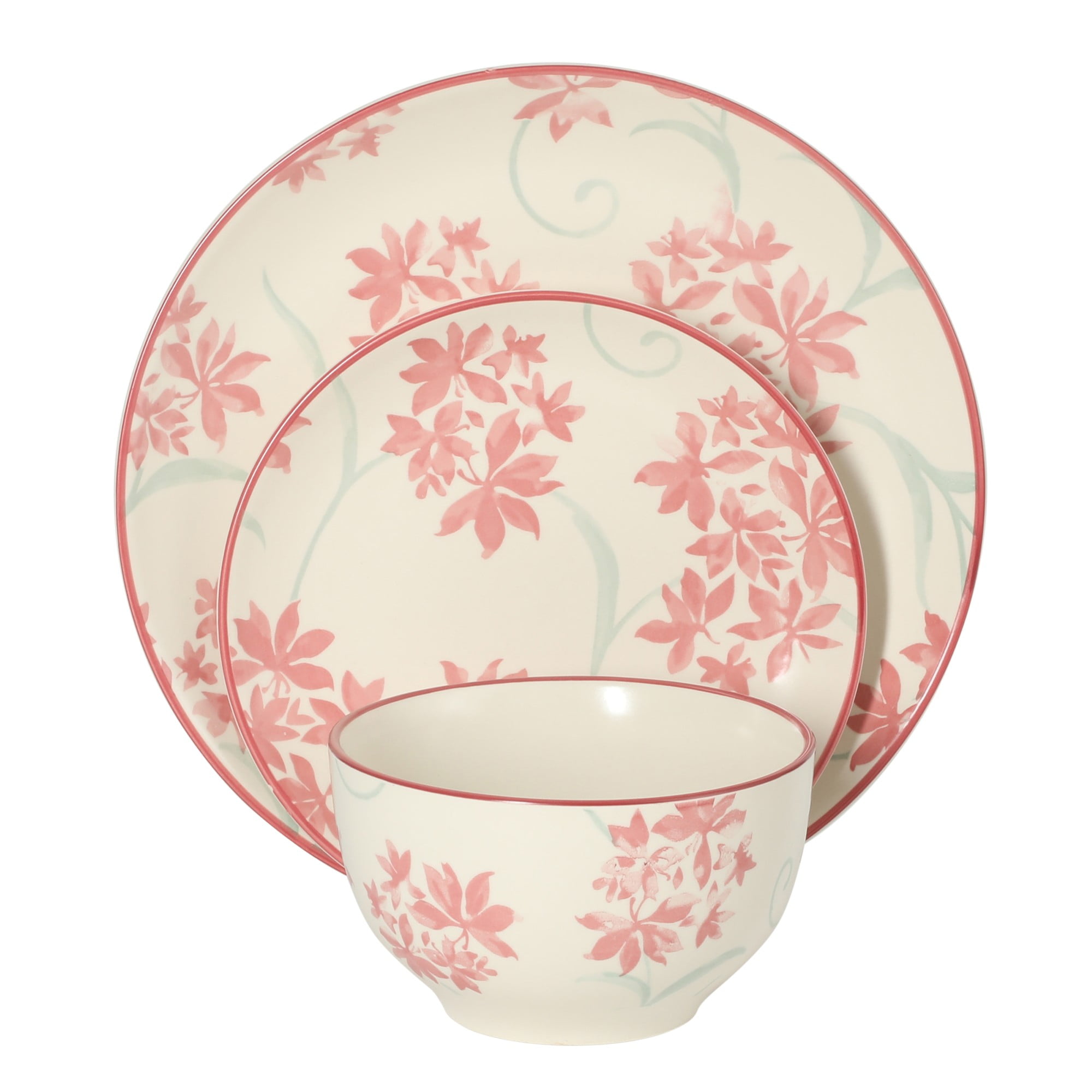 Gibson Home Admiral Hall 12-Piece Stoneware Dinnerware Set, Pink Floral Plates and Bowls, Microwave and Dishwasher Safe, Set for 4