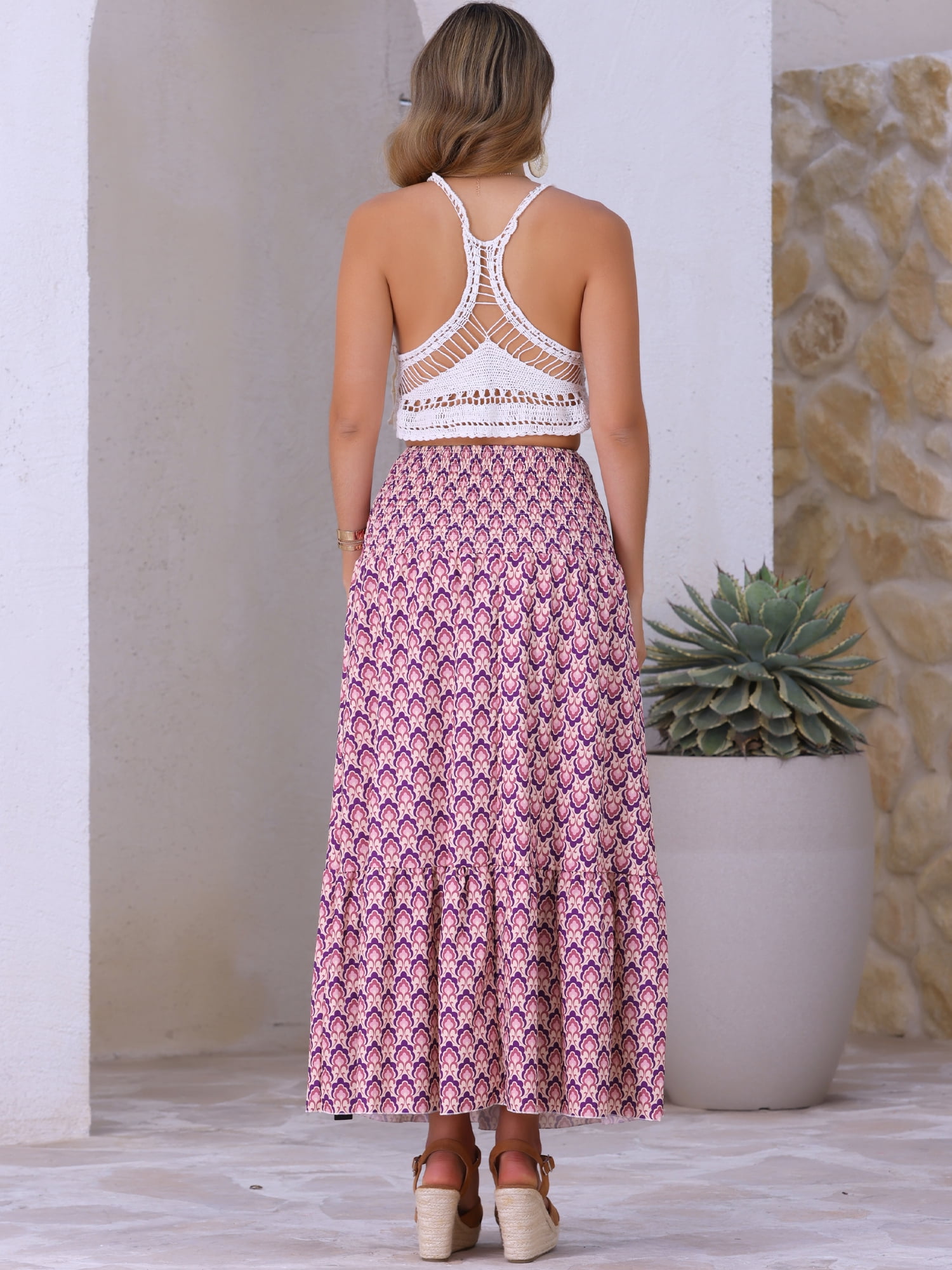 DARING DIVA Women's Summer Smocked Waist Flowy Maxi Skirts M Purple Floral