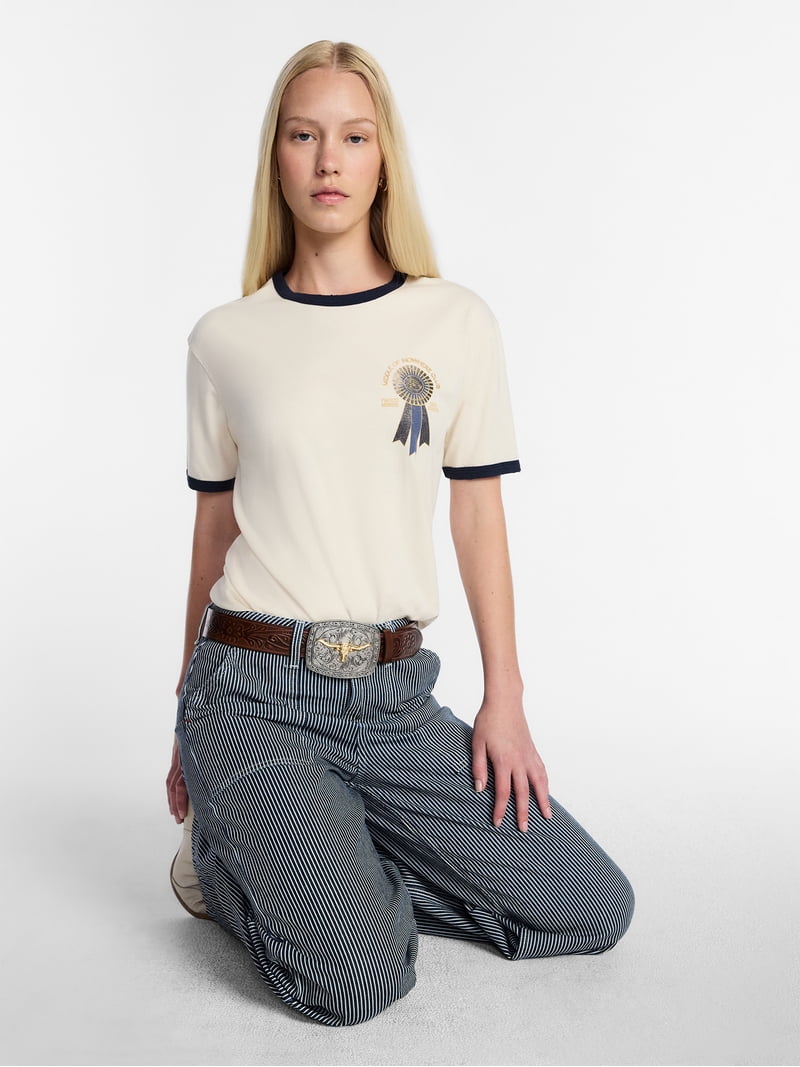 Kacey Lee Women's Middle of Nowhere Ribbon Graphic Ringer Tee