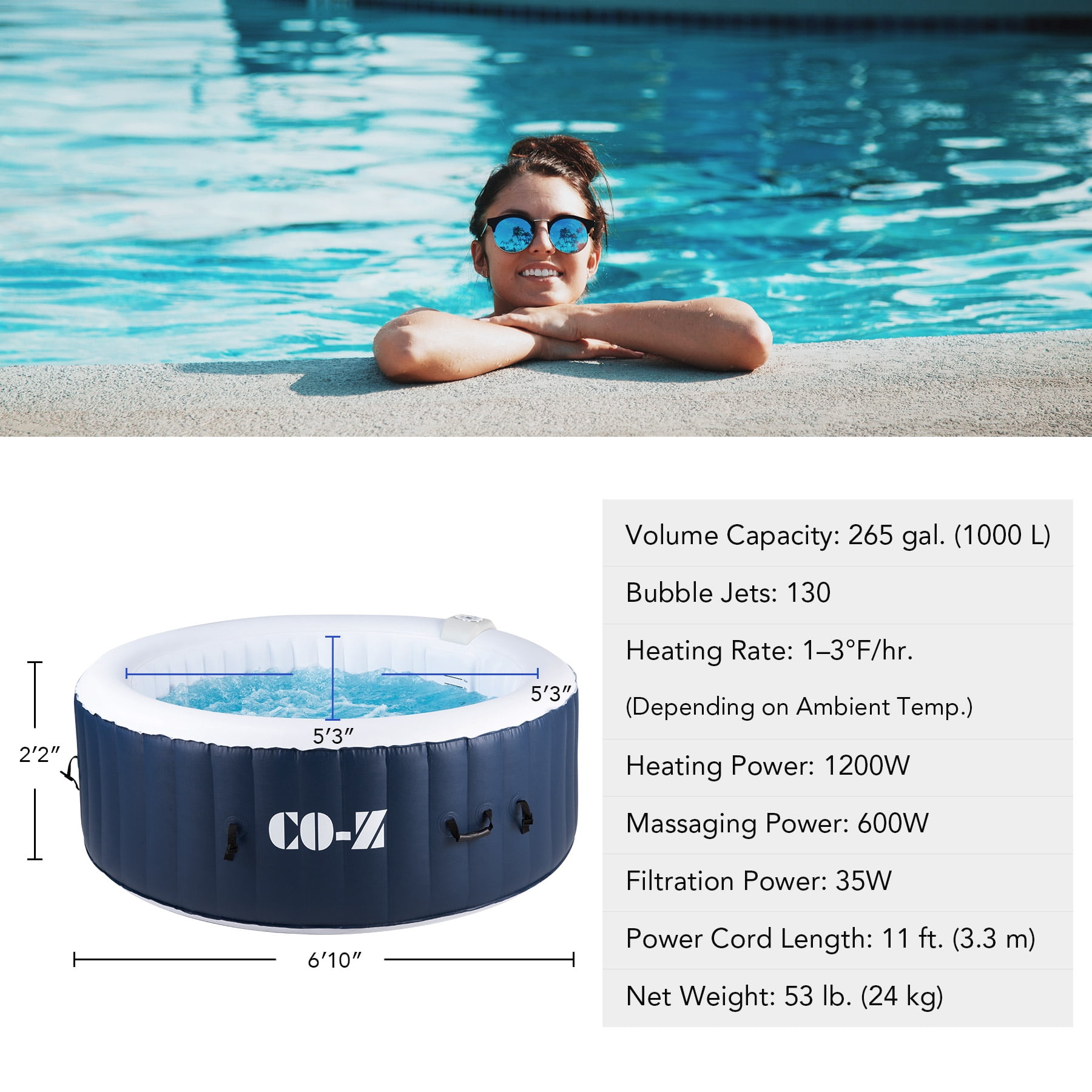 CO-Z 6.8x6.8ft PVC Round Inflatable Spa Tub w 130 Massaging Jets for Patio & More for 4-6 person Blue