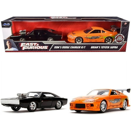 Fast & Furious Collection: Dom's Black Dodge Charger R/T and Brian's Orange Toyota Supra - 1/32 Scale Diecast Model Cars by Jada (Set of 2)