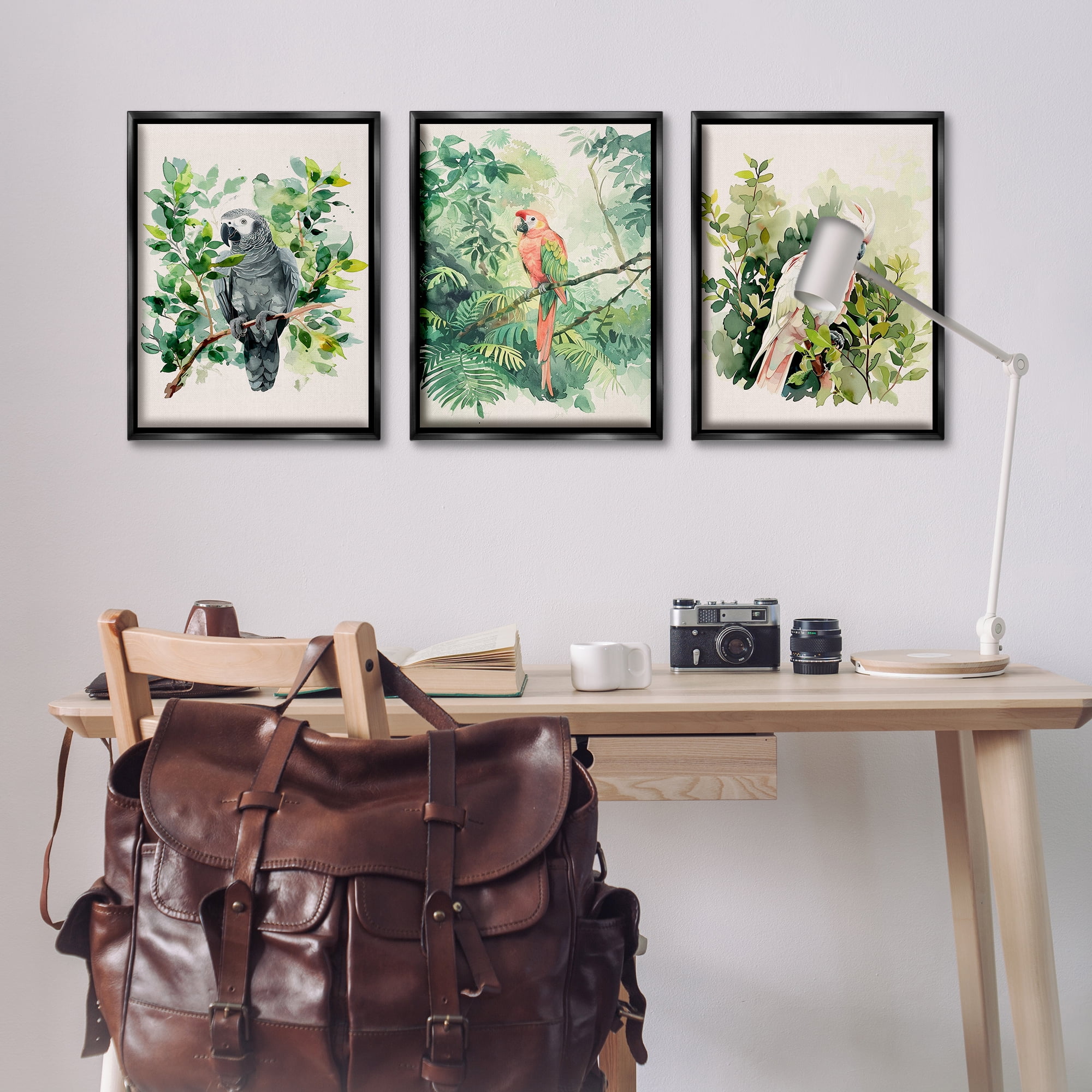 Stupell Industries Tropical Parrots in Jungle Animals Painting Black Floater Framed Canvas Art Print Wall Art, 17 x 25, Set of 3