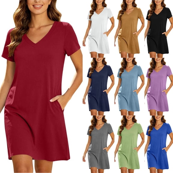Aofany Women Nightgowns Soft Short Sleeve V-Neck Nightshirts Comfy Pajama T Shirt Dress Lounge Sleepwears