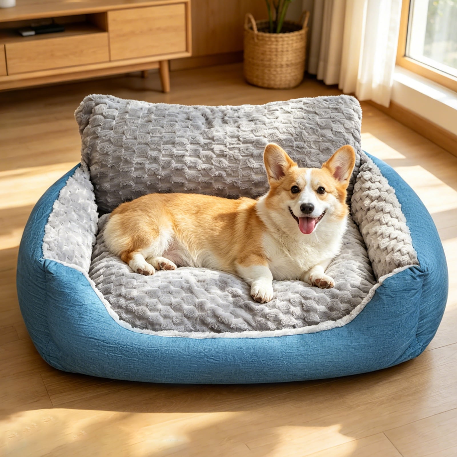 BOFNL Dog Beds for Medium Sized Dogs, Washable High Backrest Bolster Pet Bed, Dual-Sided All-Season Plush Dog Sofa, Non-Slip Bottom, 30"x24"x13", Gray