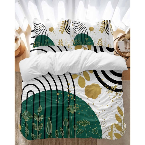 Bohemian Style Bedding Duvet Cover Set Queen Size 4 Pieces Abstract Art Leaves Plant Bedding Set with Zipper Closure, 1 Comforter Cover 90x92 Inches 1 Flat Sheet & 2 Pillow Cases