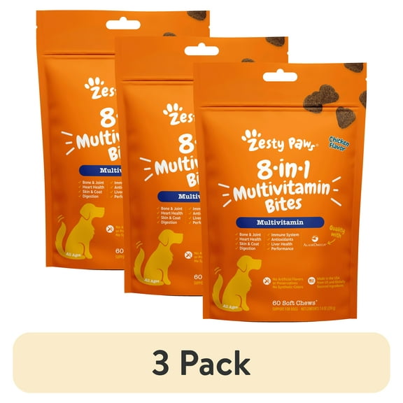 (3 pack) Zesty Paws 8-in-1 Multivitamin Bites for Dogs, for Overall Wellbeing, Chicken 60ct