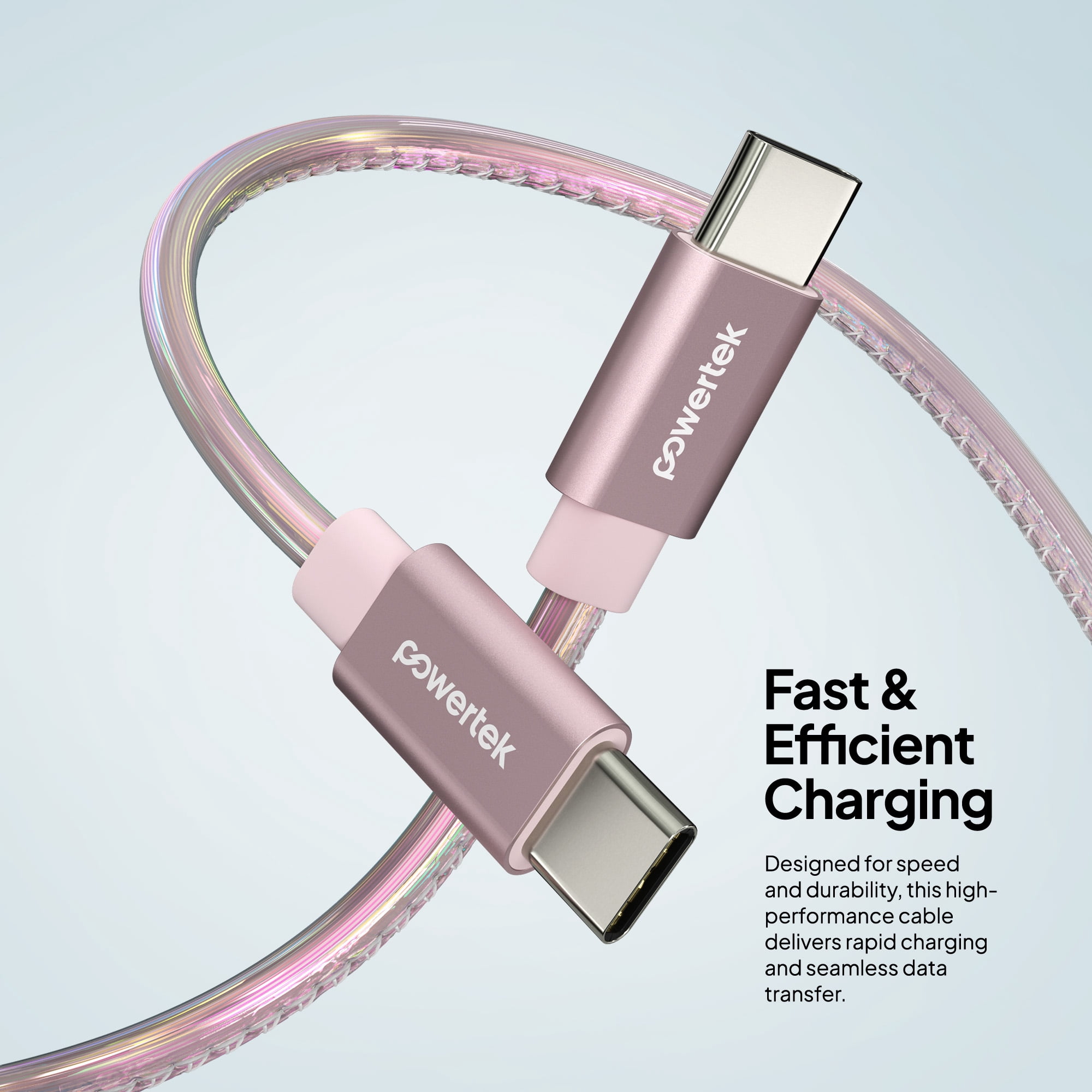 Powertek USB-C to USB-C (Type-C) Metallic Shine Pastel Fast Charging Cable, 60W, 6 ft, Pink
