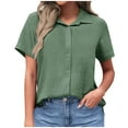 thumbnail image 1 of Tumotour Cotton And Linen For Womens Short Sleeve Button Down Shirts Summer Casual Collared V Neck Blouse Linen Loose Work Tops, 1 of 6