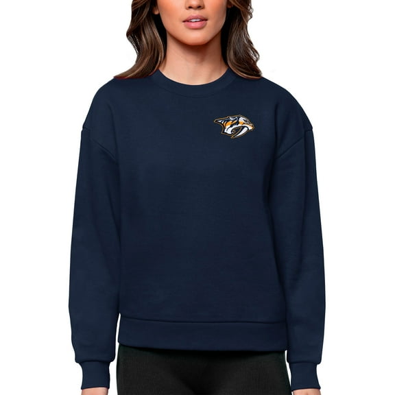 Women's Antigua Navy Nashville Predators Primary Logo Victory Crewneck Pullover Sweatshirt