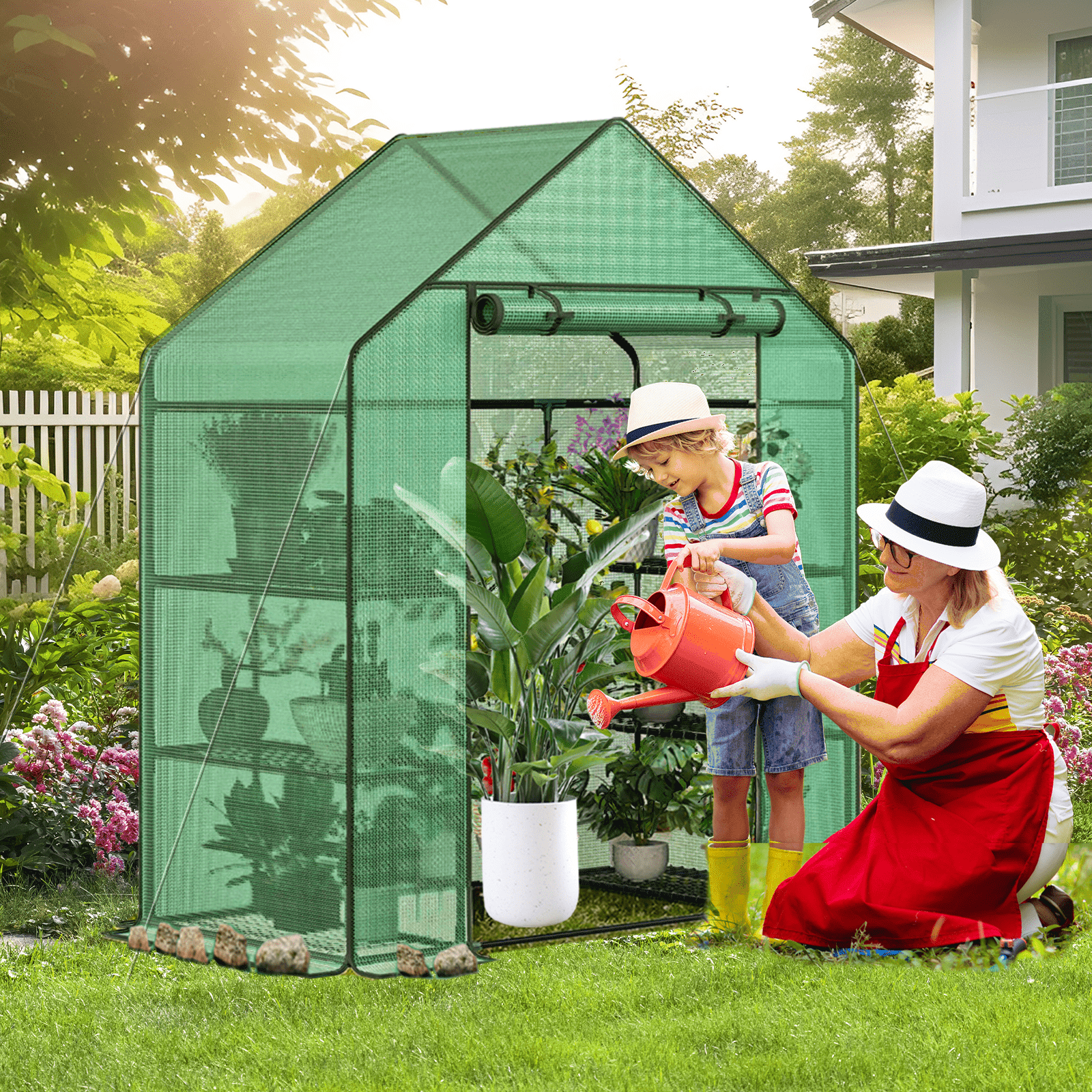 Grezone Small Greenhouse with Anchors and Ropes, 3 Tier 4 Wired Shelves Indoor and Outdoor Greenhouse for Garden/Patio/Backyard/Balcony, Green PE Cover Easy to Assemble