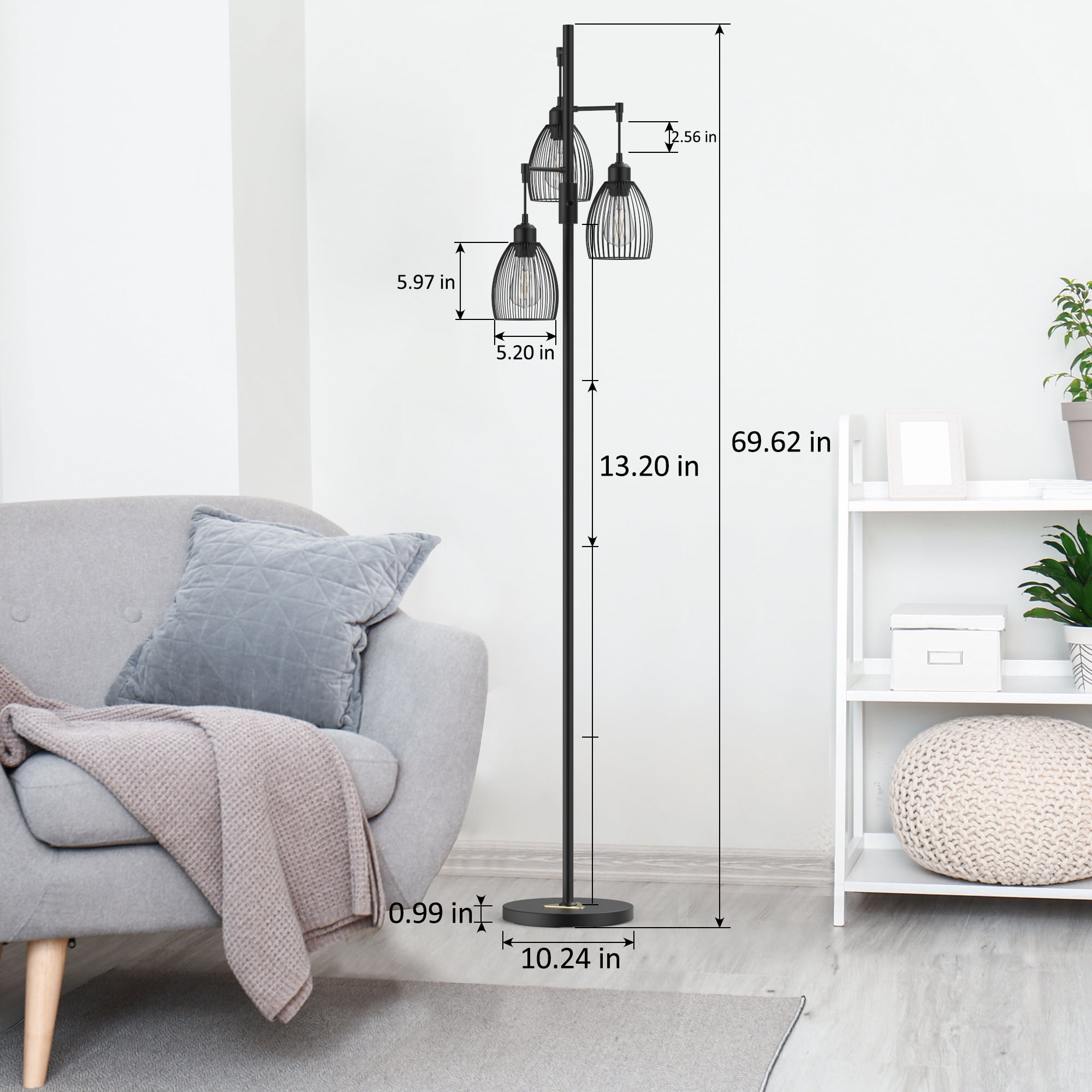 JURULU 70 inch Dimmable Floor Lamp, 3 x1000 LM Bulbs, Elegant Birdcage-Style Industrial Farmhouse Standing Tree Lamp, Perfect for Living Room, Bedroom, Office, Dining Room Decor - Black
