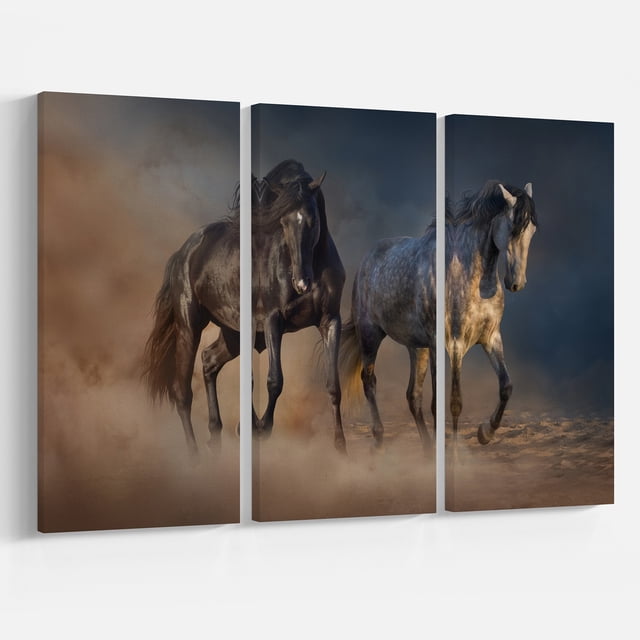 Designart - Course de Chevaux Noir et Blanc - Animaux photographyPrint sur Toile Ensemble Enveloppé