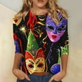 thumbnail image 2 of YUGYXL Summer Mardi Gras 3/4 Sleeve Tshirts for Women Fashion Party Mask Printed Loose Blouse Lounge Crew Neck Lightweight Fit Tees Ladies Tunic Tops Carnival Blouse, 2 of 5