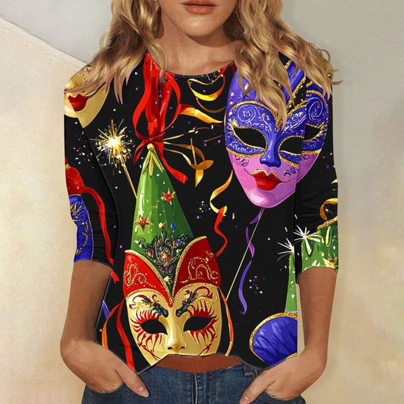 SOOMLON Mardi Gras Tops for Women Carnival Outfits Tuesday Party 3/4 Sleeve Tshirts Fancy Mask Print Tops Trendy Scoop Neck Shirts New Orleans Holiday Blouses 2025 Purple XL