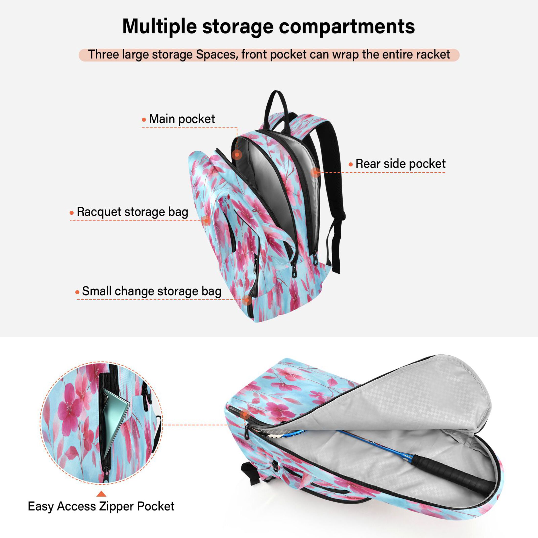2 Racquet Holder Tennis Backpack Tennis Racket Covers Gym Bags Cute Pink Delicate Flowers