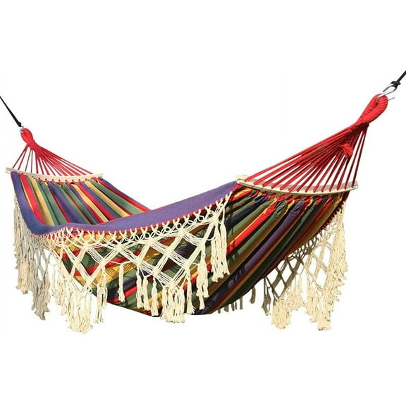 FTCBJJA Cotton Canvas Hammock, Double Boho Hammocks with Decorative Fringe , Portable Camping Indoor Outdoor Garden Hammock Swing with Travel Bag, 440lb Load Capacity