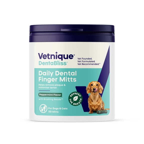 Vetnique DentaBliss Dog Dental Wipes Finger Mitts, Peppermint Flavor for Dogs & Cats, 50ct