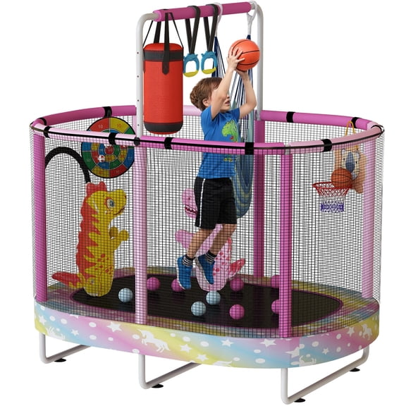 LinkRomat Elliptic Trampoline for Kids, Indoor & Outdoor Toddler Trampoline with Enclosure, Adjustable Height Handrail & Durable Designs for Boys & Girls, 500lbs Capacity, 7-in-1, 60"