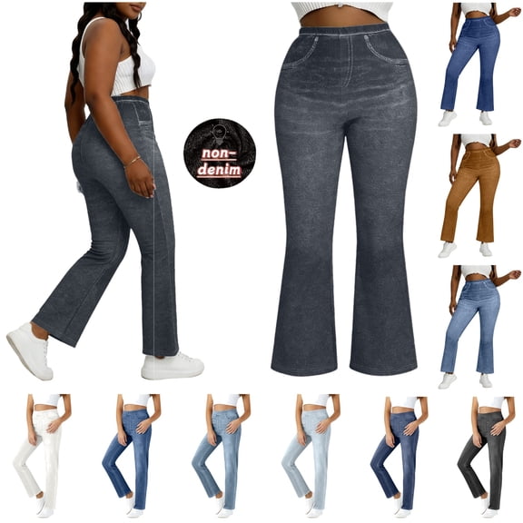 QIUOMBBP Women's Straight Leg Faux Jeans Stretch Casual High Waisted Yoga Workout Pants Fashion Imitation Denim Cargo Pants with Fake Pockets Blue XXL