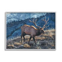 Stupell Industries Cross Country Elk Mountain View Animals & Insects Painting Gray Framed Art Print Wall Art