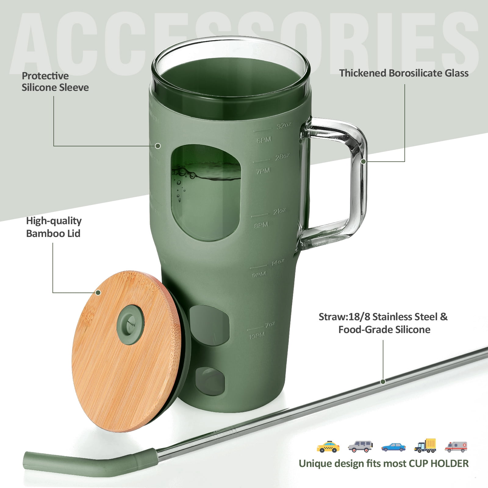 MUKOKO 32 oz Glass Tumbler , Glass Water Bottle with Capacity Marker and Silicone Sleeve, Iced Coffee Drinking Cup with Straw and Lid, Leakproof Suitable for Cup Holders, Olive