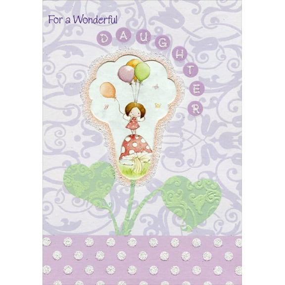 Designer Greetings Fairy Holding Ballons and Standing on Polka Dot Mushroom Birthday Card for Daughter