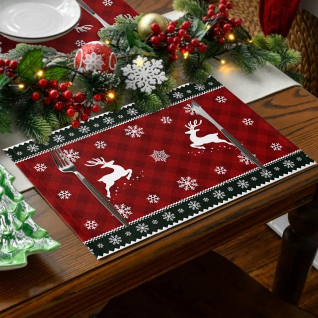 1 Pcs Christmas Placemats Santa Claus Elk Plaid Placemats Reversible