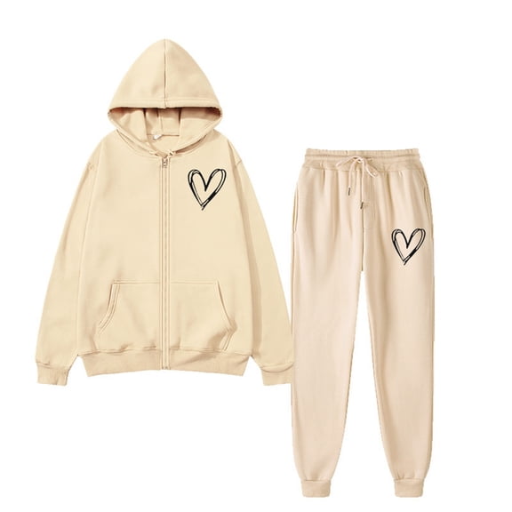 Womens Sweatsuits 2 Piece Set Fleece Heart Print Zip Up Long Sleeve Hooded Pullover Tops and Pant Fall Fashion Clothes Airport Travel Pants Tracksuits