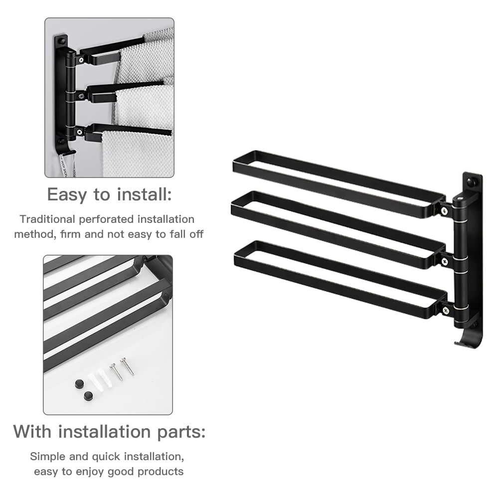 Kepooman Kitchen Dish Cloth Hanger Wall Mounted Hand Towel Bar Bathroom Towel Holder with 3 Swing Out Arms, Black Kepooman Kitchen Dish Cloth Hanger Wall Mounted Hand Towel Bar Bathroom Towel Holder with 3 Swing Out Arms, Black