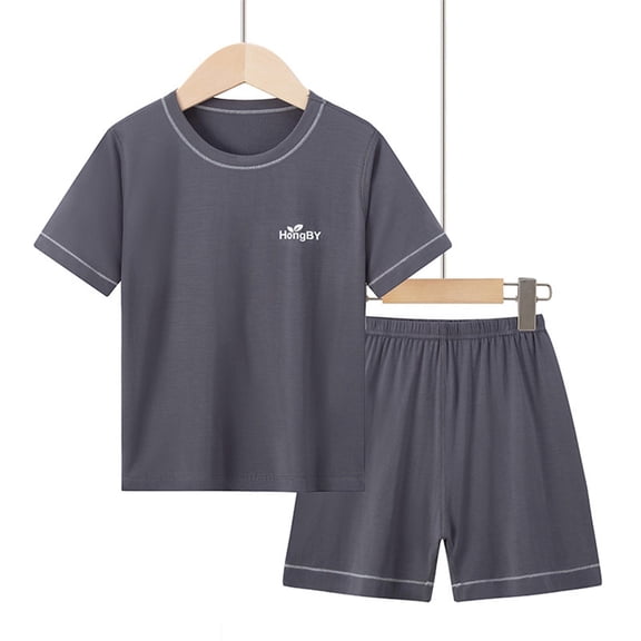 ITSAME Boys Girls Outfic Sets, Loungewear Short Sleeve Crewneck Top and Elastic Waist Shorts 2-Piece Cotton Summer Loose Casual Sets Gray 12T