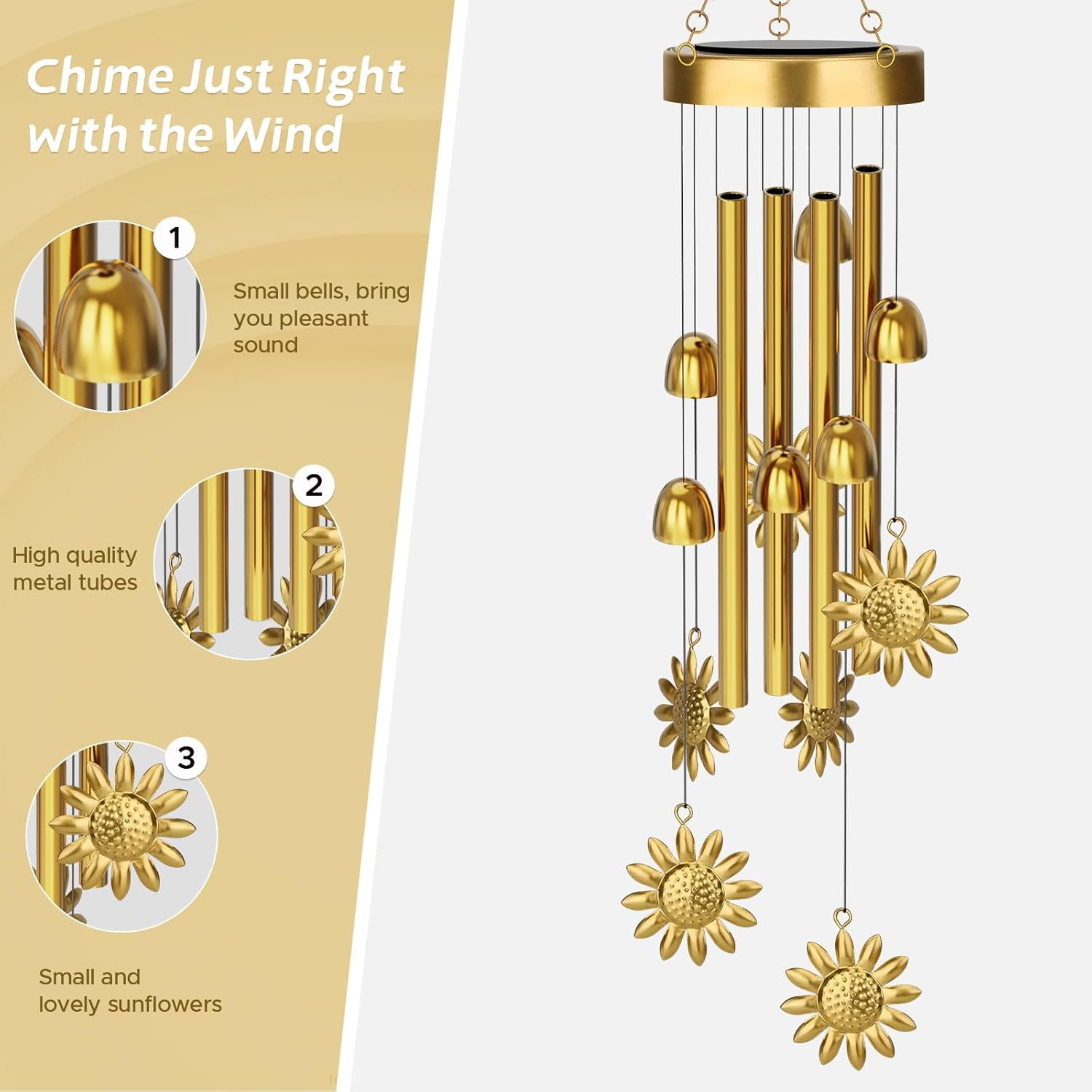 JYPS Solar Wind Chimes with Sunflower LED Lights, 42-Inch Large Waterproof Outdoor Garden Decor for Patio Yard, Unique Gifts for Women Mom Grandma, Mother's Day Birthday Easy-Install Design