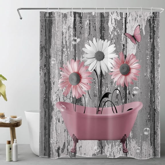 Farmhouse Pink Floral Small Shower Curtain for Bathroom Decor, Pink and Grey Daisy Butterfly on Rustic Wood Long Shower Curtain Nature Plant Flower Shower Curtain with Hooks, 48W X 72L inches