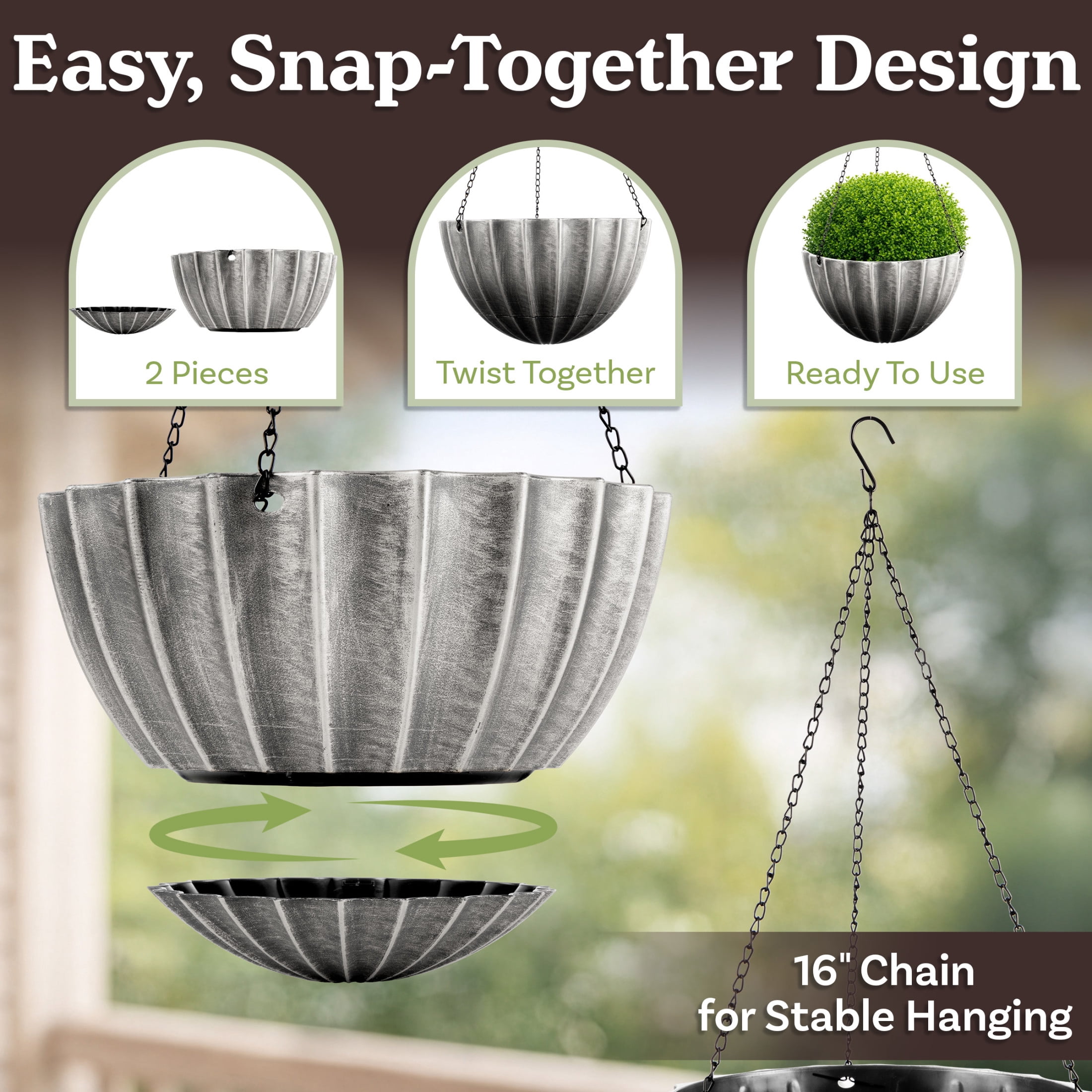 Pure Garden 12.5in Durable Plastic Hanging Planter 2-Pack with Drainage Reservoir, Gray