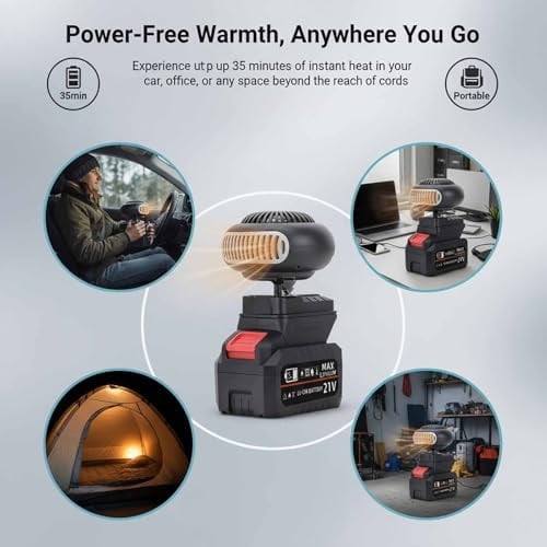 Battery Powered Heater for Car & Small Spaces - Rechargeable Portable Heater with Defrosting Function, Safe Anti-Tilt Design for Indoor Use