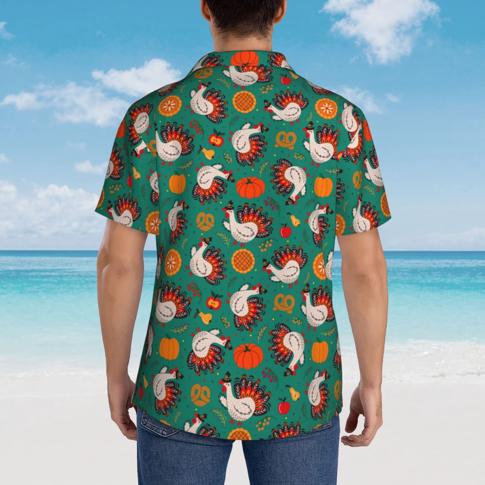Logiee Turkey And Thanksgiving1 Print Mens Hawaiian Shirts,Loose-Fit Short Sleeve Button Down Tropical Aloha Beach Shirt,Summer Vacation Wedding Tops,3X-Large