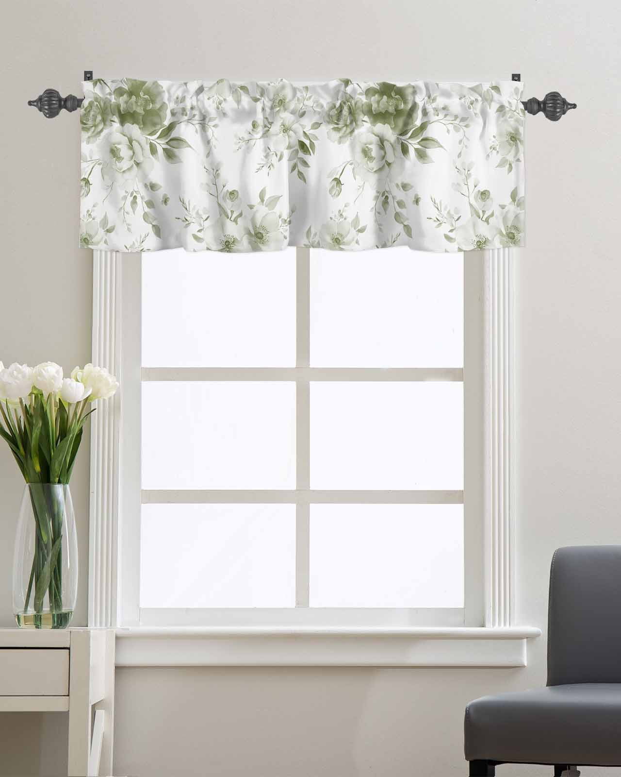 Vintage Sage Green Blossom Flower Curtain Valances for Kitchen Windows,Rod Pocket Short Valance Watercolor Floral Leaves Window Treatment for Living Room Bathroom Bedroom,54" x 18"-1 Panel
