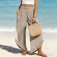 thumbnail image 2 of ZHYou No Boundarie Linen Pants for Women Flared Wide Leg Ruffle Summer Casual Lightweight Smocked High Waist Baggy Pull On Trousers Khaki Size XL, 2 of 5