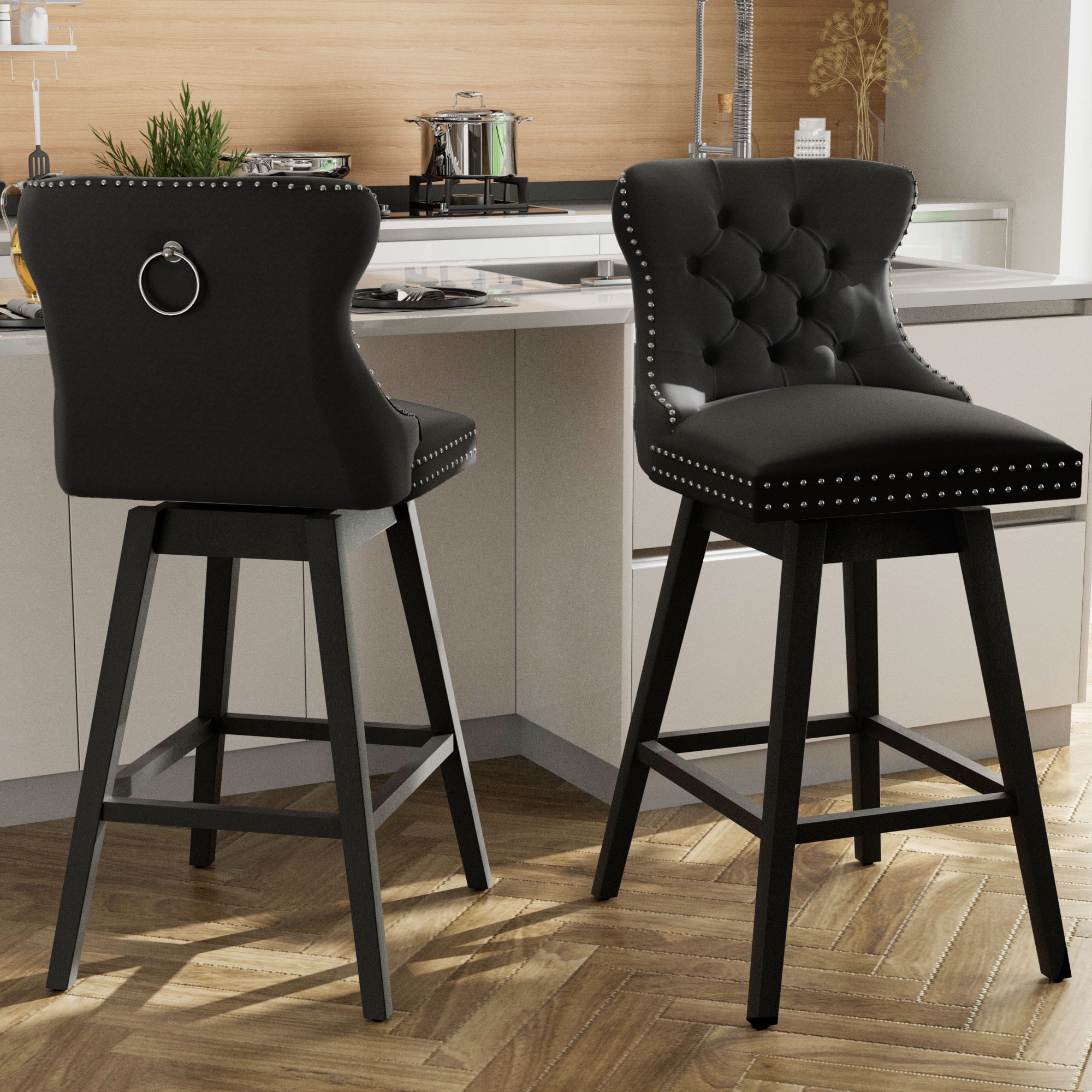 TEWLOSS 30" Swivel Bar Height Bar Stools with Back Set of 2, Black Velvet Kitchen Stools
