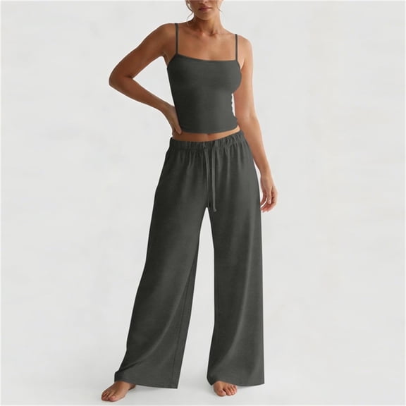 LEWKW Womens 2 Piece Lounge Sets Spaghetti Strap Cami Crop Top & Wide Leg Pants Outfits Casual Summer Sleepwear Soft Comfy Matching Pajamas Pjs
