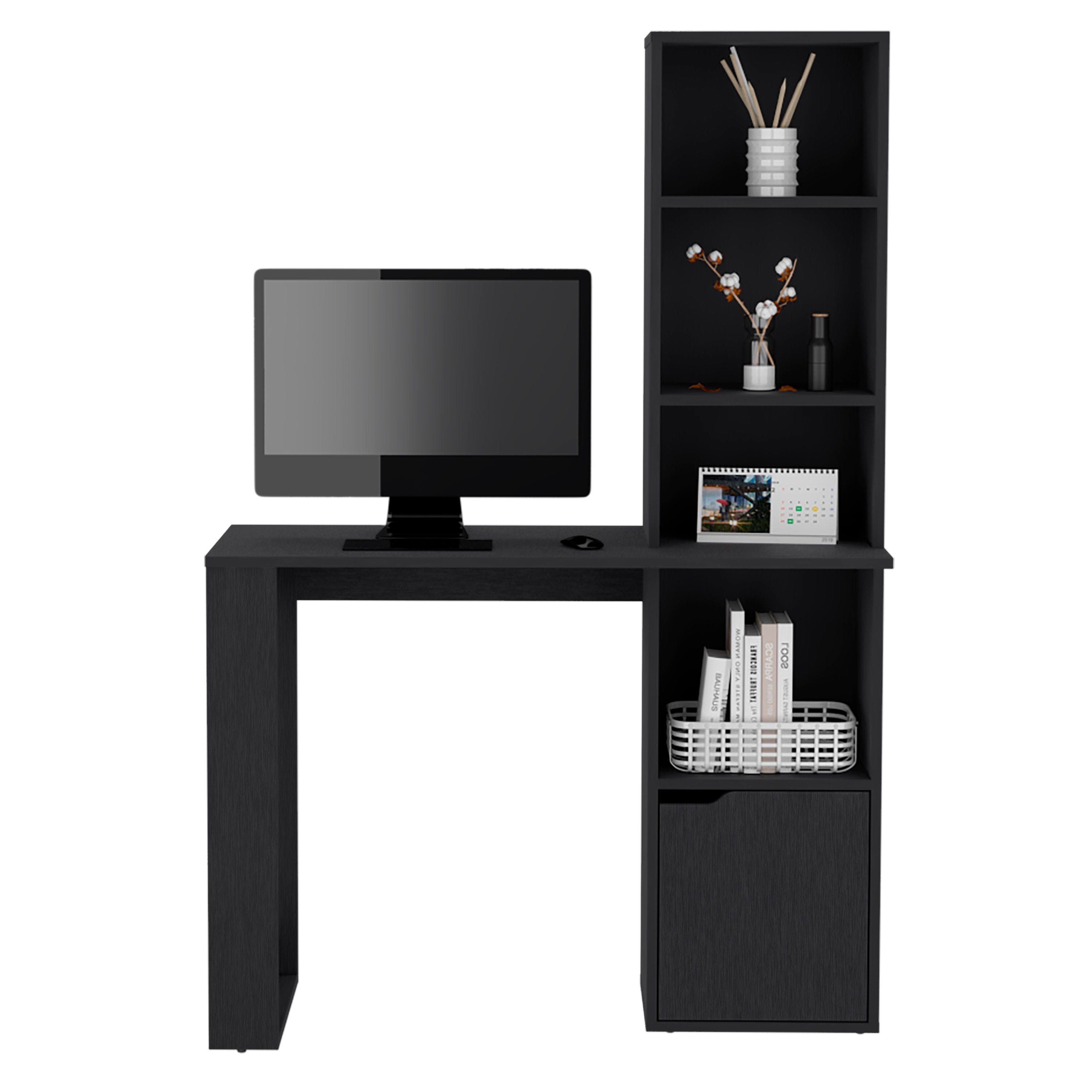 Astoutdoor Writing Desk with Bookcase and Cabinet, Black