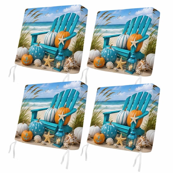 Beachside Fall 4 Pcs Patio Cushion Covers, Summer Coastal Pumpkin Turquoise Chair Beach Coastal Waterproof Outdoor Cushion Cover, Replacement Washable Sofa Chair Seat Cover with Zipper 20"x18"x4"