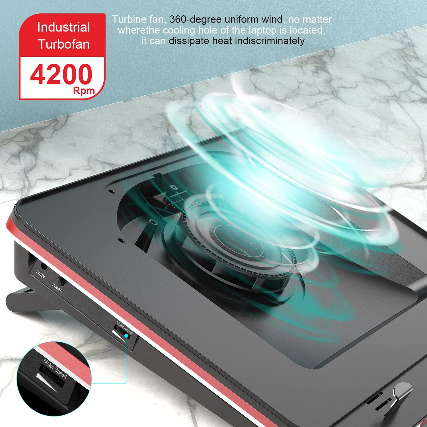 GT500 Powerful Turbo-Fan (4200 RPM) Laptop Cooling Pad with Infinitely Variable Speed,Seal Foam for Rapid Gaming Laptop,Dust Filter Protect Laptop,13-17.3inch Cooler